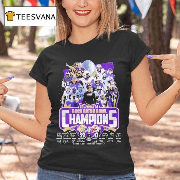 James Madison Dukes Boca Raton Bowl Champions Signatures T Shirt