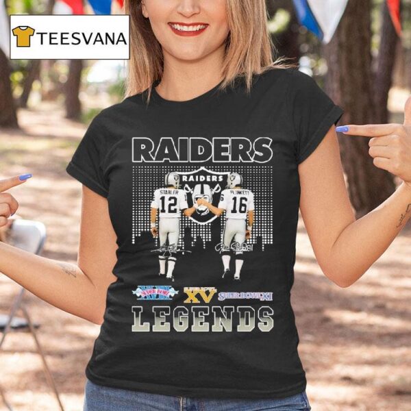 Ken Stabler And Jim Plunkett Las Vegas Raiders Legends Skyline Signatures T Shirt