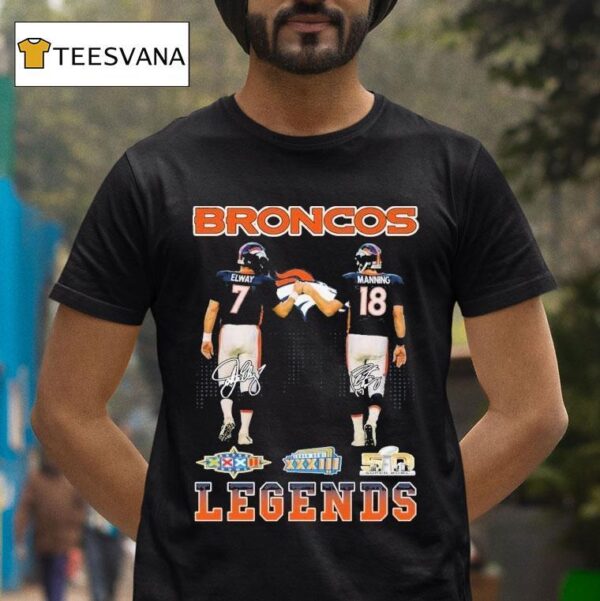 John Albert Elway Jr And Peyton Manning Denver Broncos Legends Skyline Signatures T Shirt