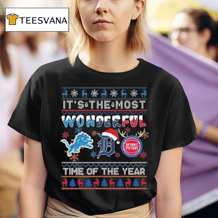 It S The Most Wonderful Detroit Lions Detroit Tigers And Detroit Pistons Time Of The Year Ugly Christmas  T Shirt