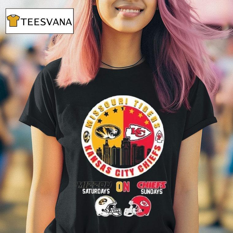 Missouri Tigers And Kansas City Chiefs Mizzou Saturdays On Chiefs Sundays T Shirt Missouri Tigers And Kansas City Chiefs Mizzou Saturdays On Chiefs Sundays T Shirt
