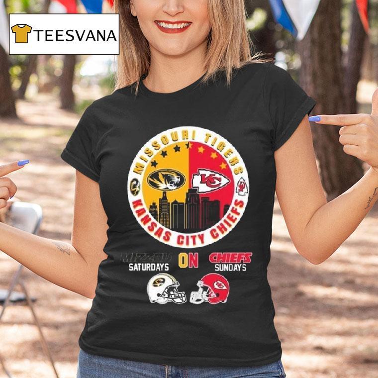 Missouri Tigers And Kansas City Chiefs Mizzou Saturdays On Chiefs Sundays T Shirt Missouri Tigers And Kansas City Chiefs Mizzou Saturdays On Chiefs Sundays T Shirt