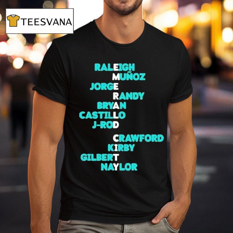 Seattle Mariners Raleigh Munoz Jorge Randy Bryan Castillo J Rod Crawford Kirby Gilbert Naylor Emerald City Acrostic Names T Shirt Seattle Mariners Raleigh Munoz Jorge Randy Bryan Castillo J Rod Crawford Kirby Gilbert Naylor Emerald City Acrostic Names T Shirt