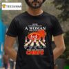 Never Underestimate A Woman Who Loves Fall And Her Kansas City Chiefs Walking Across Signatures T Shirt