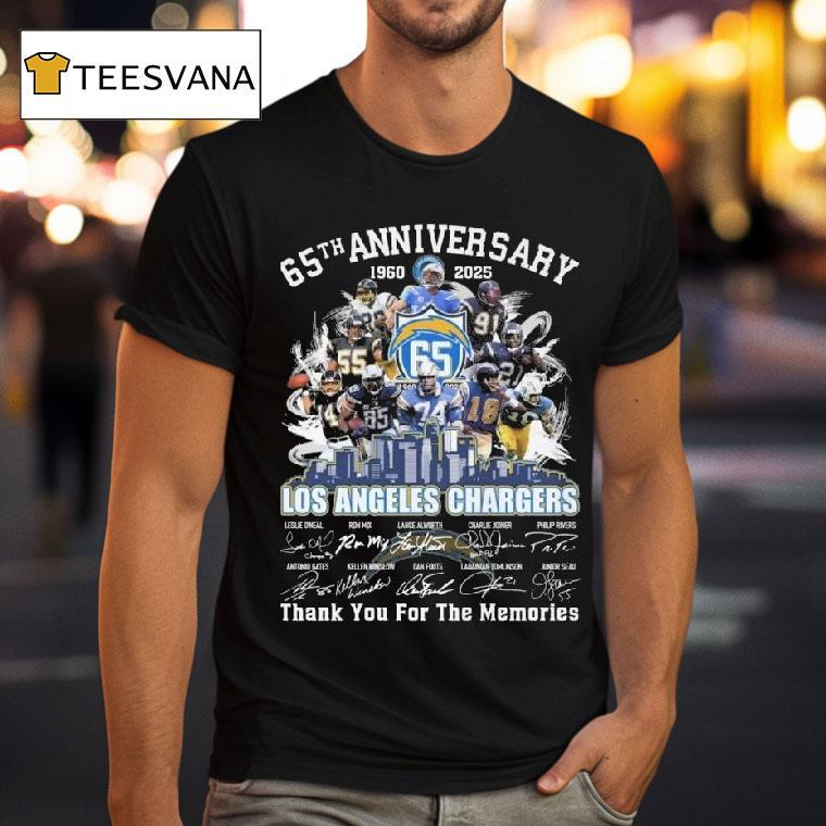 Los Angeles Chargers Th Anniversary Players Signatures Thank You For The Memories Skyline T Shirt Los Angeles Chargers Th Anniversary Players Signatures Thank You For The Memories Skyline T Shirt