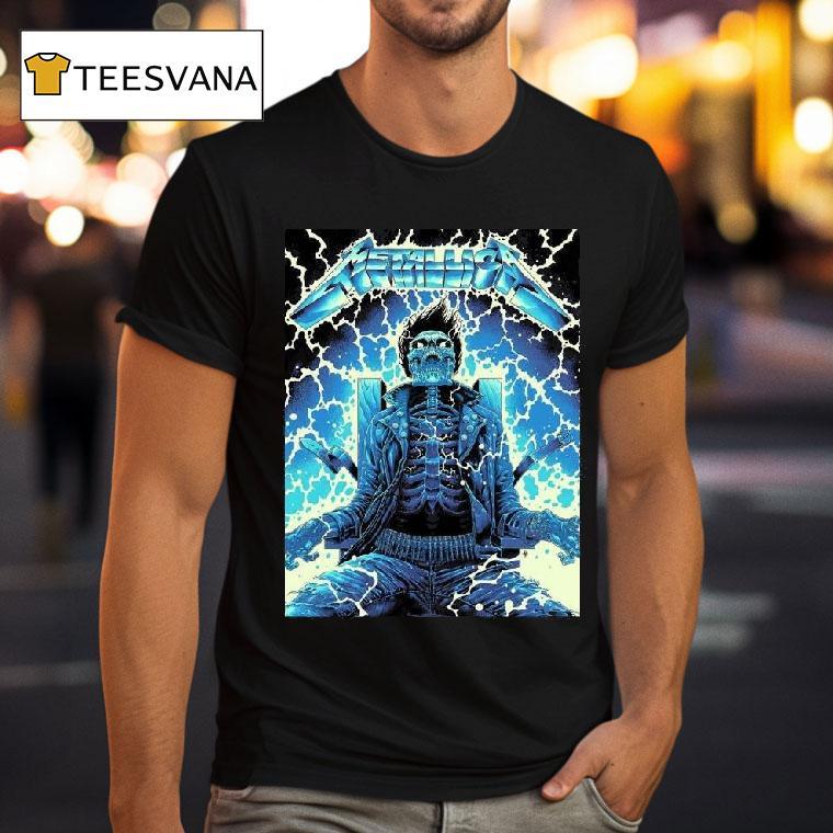 Metallica Ride The Lightning Artwork By Luke Preece Australia M Tour Skeleton On The Electric Chair T Shirt Metallica Ride The Lightning Artwork By Luke Preece Australia M Tour Skeleton On The Electric Chair T Shirt
