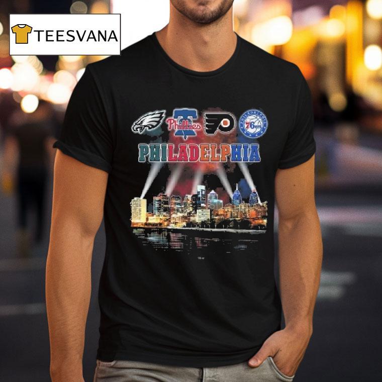 Philadelphia City Sports Eagles Phillies Flyers And Ers Skyline Light T Shirt Philadelphia City Sports Eagles Phillies Flyers And Ers Skyline Light T Shirt