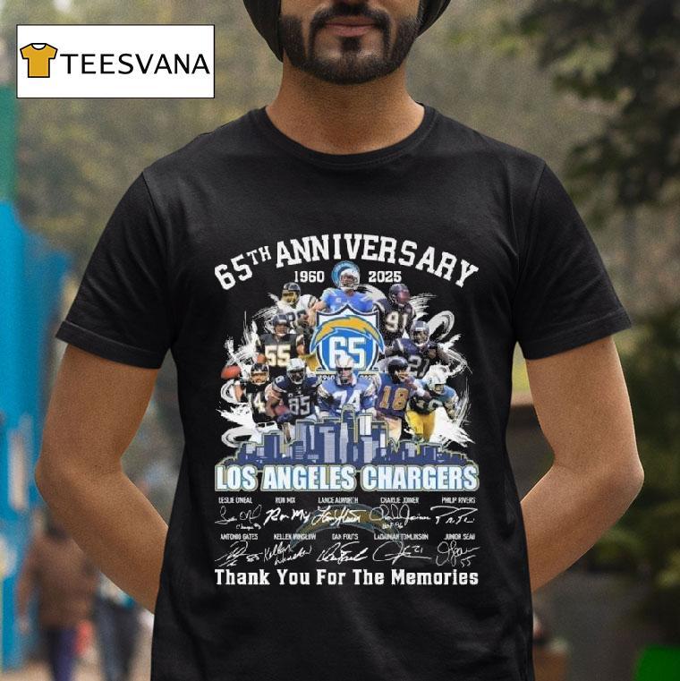 Los Angeles Chargers Th Anniversary Players Signatures Thank You For The Memories Skyline T Shirt Los Angeles Chargers Th Anniversary Players Signatures Thank You For The Memories Skyline T Shirt