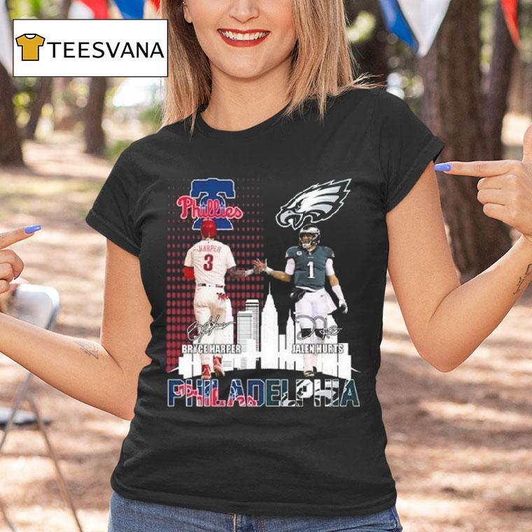 Philadelphia Phillies Bryce Harper And Philadelphia Eagles Jalen Hurts Skylines Signatures T Shirt Philadelphia Phillies Bryce Harper And Philadelphia Eagles Jalen Hurts Skylines Signatures T Shirt