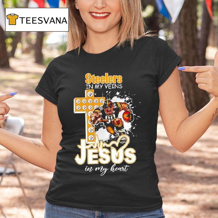 Pittsburgh Slers In My Veins Jesus In My Heart Features A Football Player Logos Cross T Shirt Pittsburgh Slers In My Veins Jesus In My Heart Features A Football Player Logos Cross T Shirt