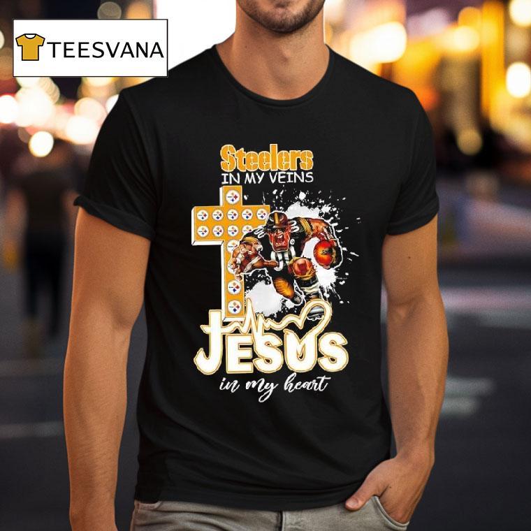 Pittsburgh Slers In My Veins Jesus In My Heart Features A Football Player Logos Cross T Shirt Pittsburgh Slers In My Veins Jesus In My Heart Features A Football Player Logos Cross T Shirt