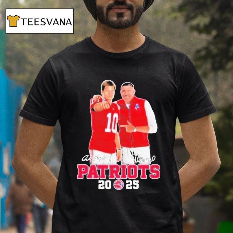 Mike Vrabel And Drake Maye New England Patriots Signatures T Shirt Mike Vrabel And Drake Maye New England Patriots Signatures T Shirt