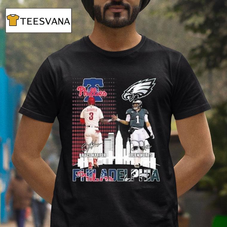 Philadelphia Phillies Bryce Harper And Philadelphia Eagles Jalen Hurts Skylines Signatures T Shirt Philadelphia Phillies Bryce Harper And Philadelphia Eagles Jalen Hurts Skylines Signatures T Shirt