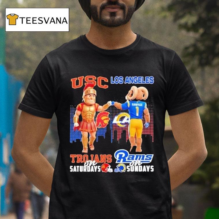 Usc Trojans On Saturdays Vs Los Angeles Rams On Sundays Mascot Skyline T Shirt Usc Trojans On Saturdays Vs Los Angeles Rams On Sundays Mascot Skyline T Shirt